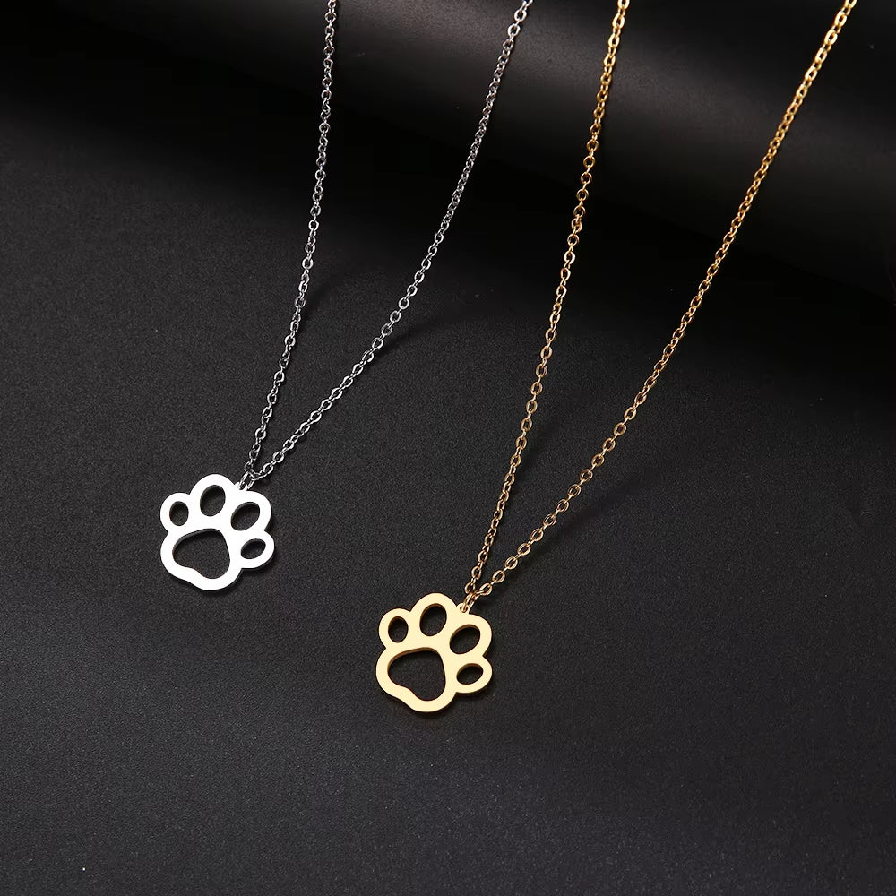 HOT SALE Gold Color Cute Animal Footprints Dog Cat Footprints Paw Necklaces Pendants Women Stainless Steel Jewelry