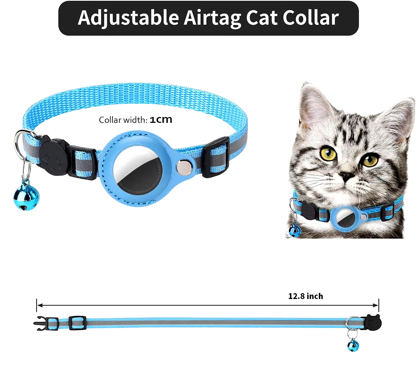 Cat Airtag Holder Collar Breakaway Reflective Strips Adjustable Kitten Collar Waterproof Cat Bell Collar Pet Air Tag Case