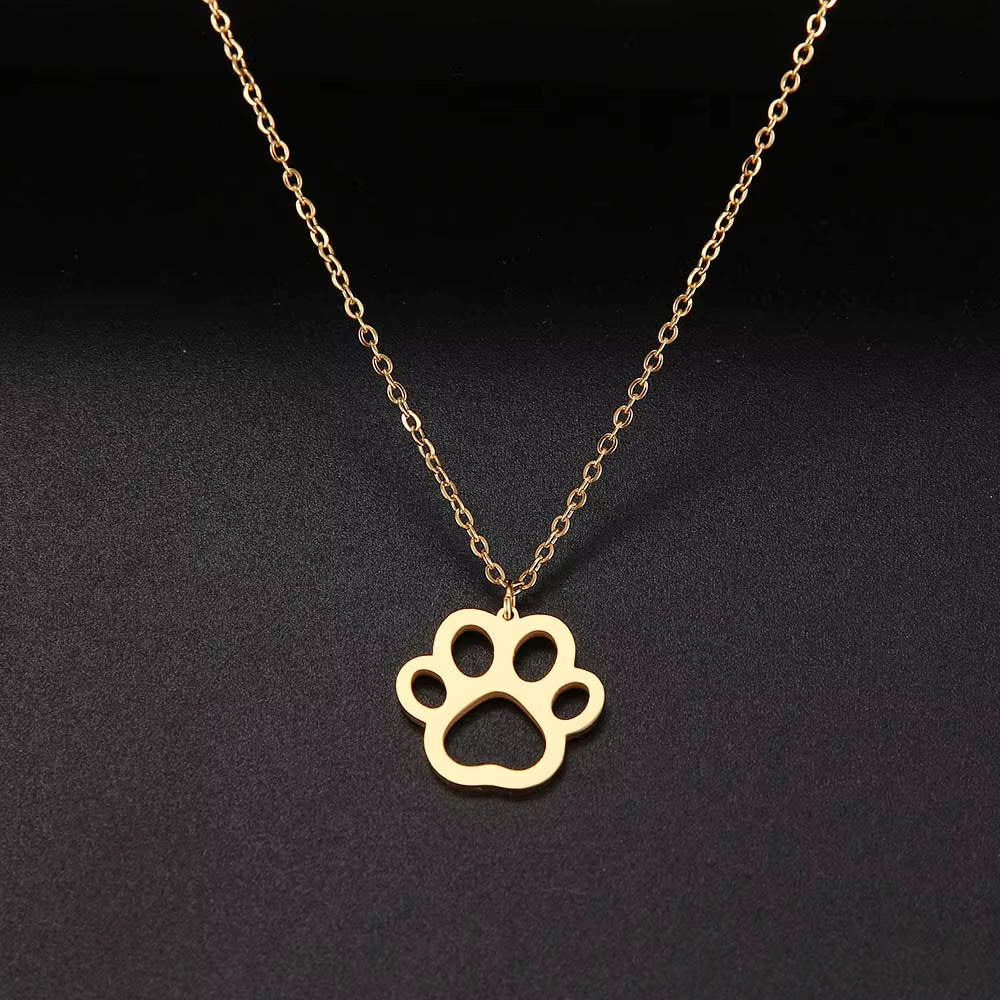 HOT SALE Gold Color Cute Animal Footprints Dog Cat Footprints Paw Necklaces Pendants Women Stainless Steel Jewelry